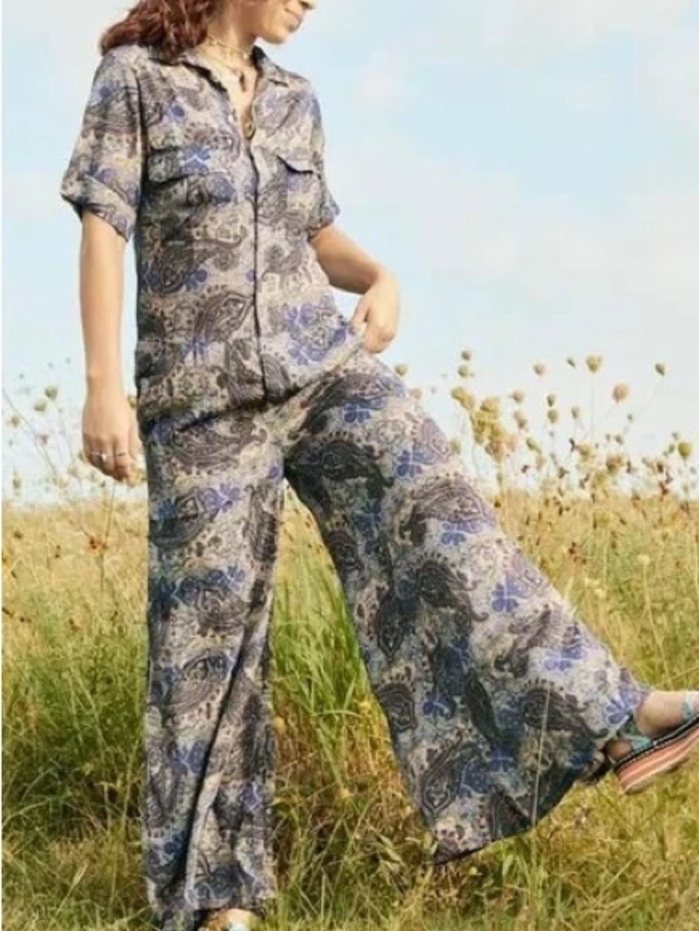 Earthbound Boho Wide Leg Paisley Jumpsuit Sz Large